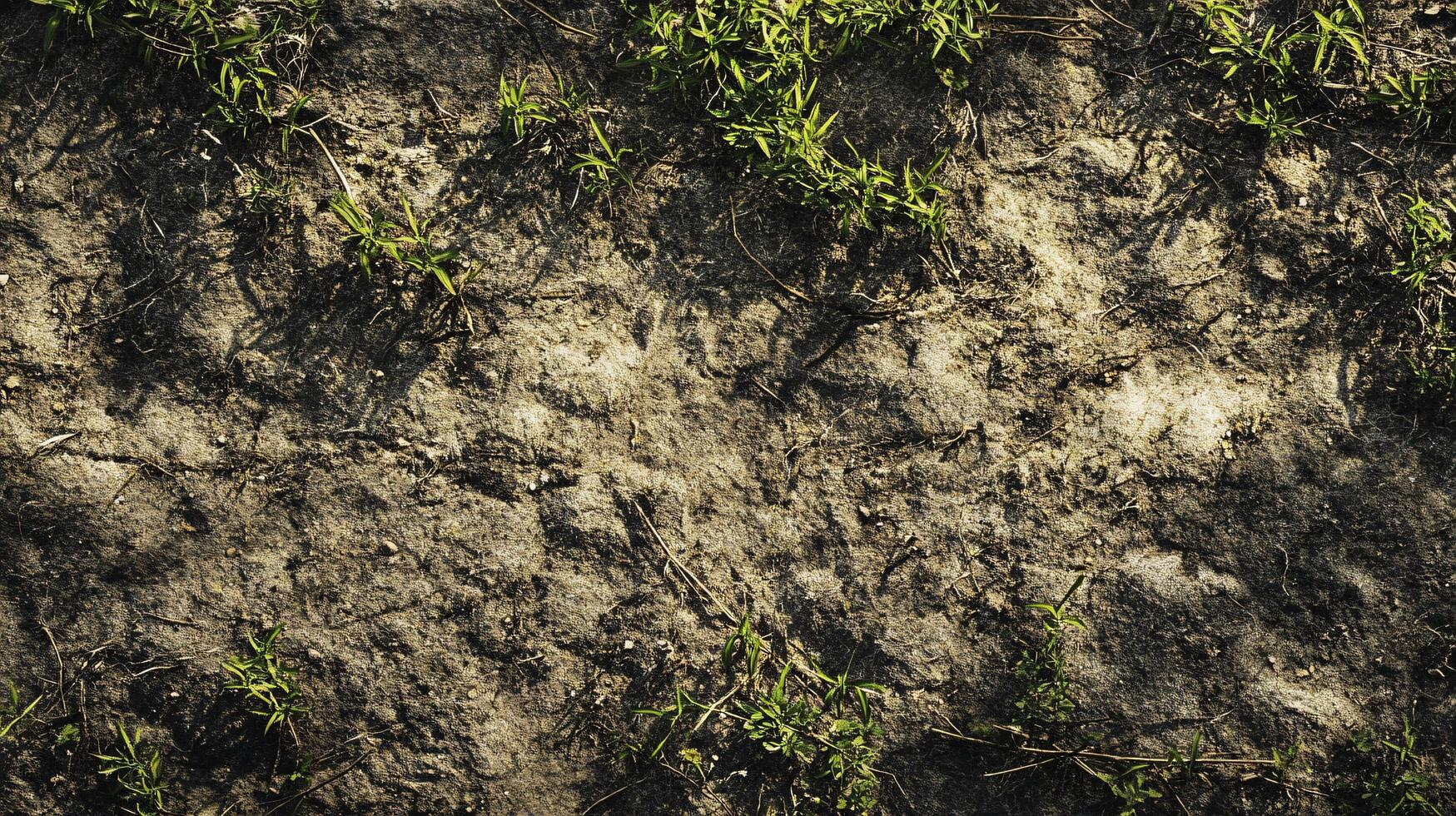 A close up of a dirt field with grass growing through the dirt photo