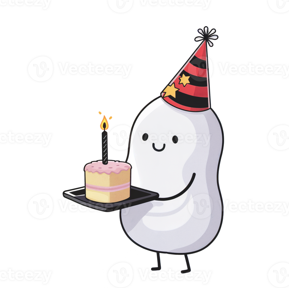 smiling character wearing a party hat holds a tray with a small cake topped with a single lit candle cutouts png