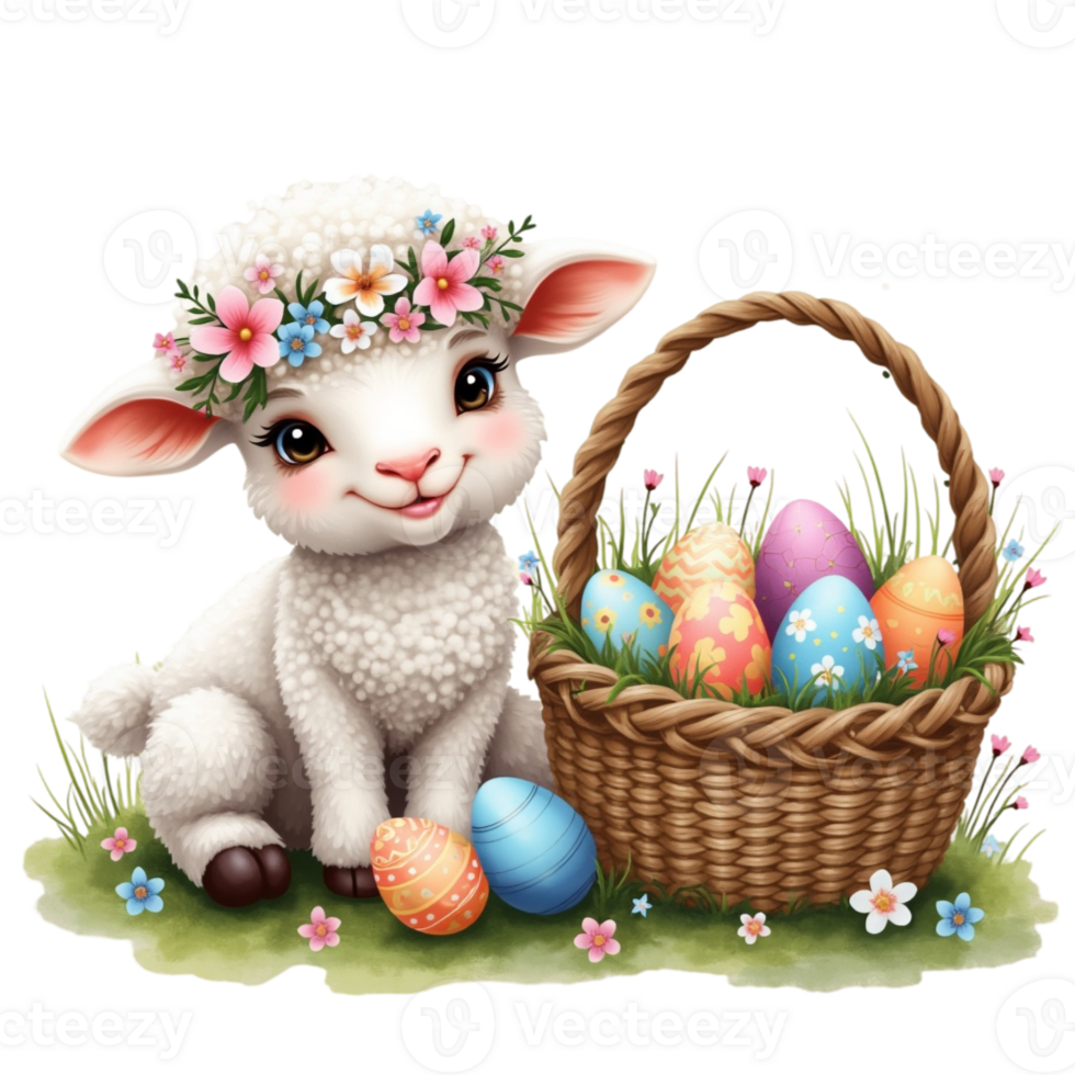 lamb adorned with a floral crown sits next to a wicker basket filled with colorful Easter eggs cutouts png