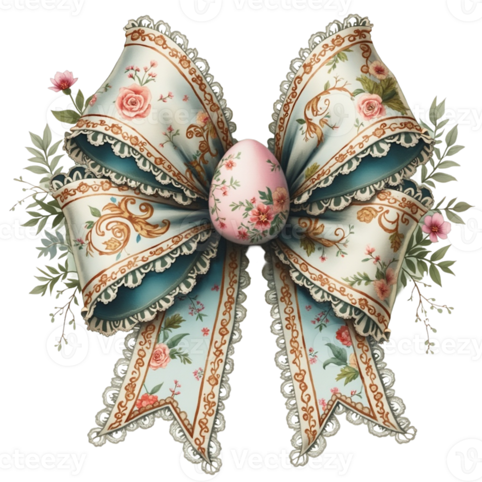 A crafted ornate bow features intricate floral patterns and a central decorative egg. cutouts png