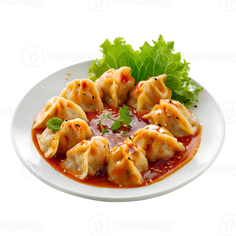 A plate of dumplings with sauce and lettuce png