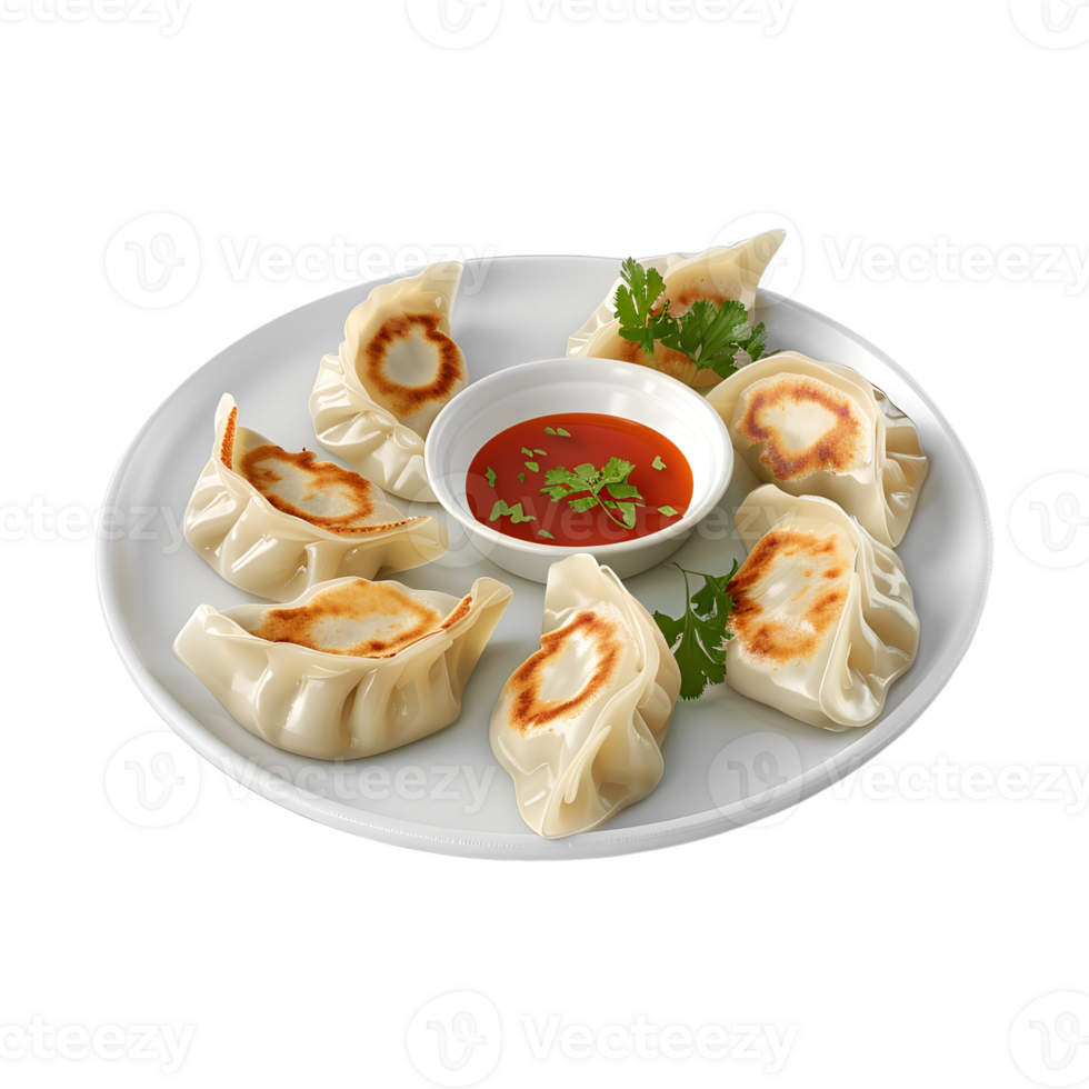 A plate with dumplings and sauce on it png