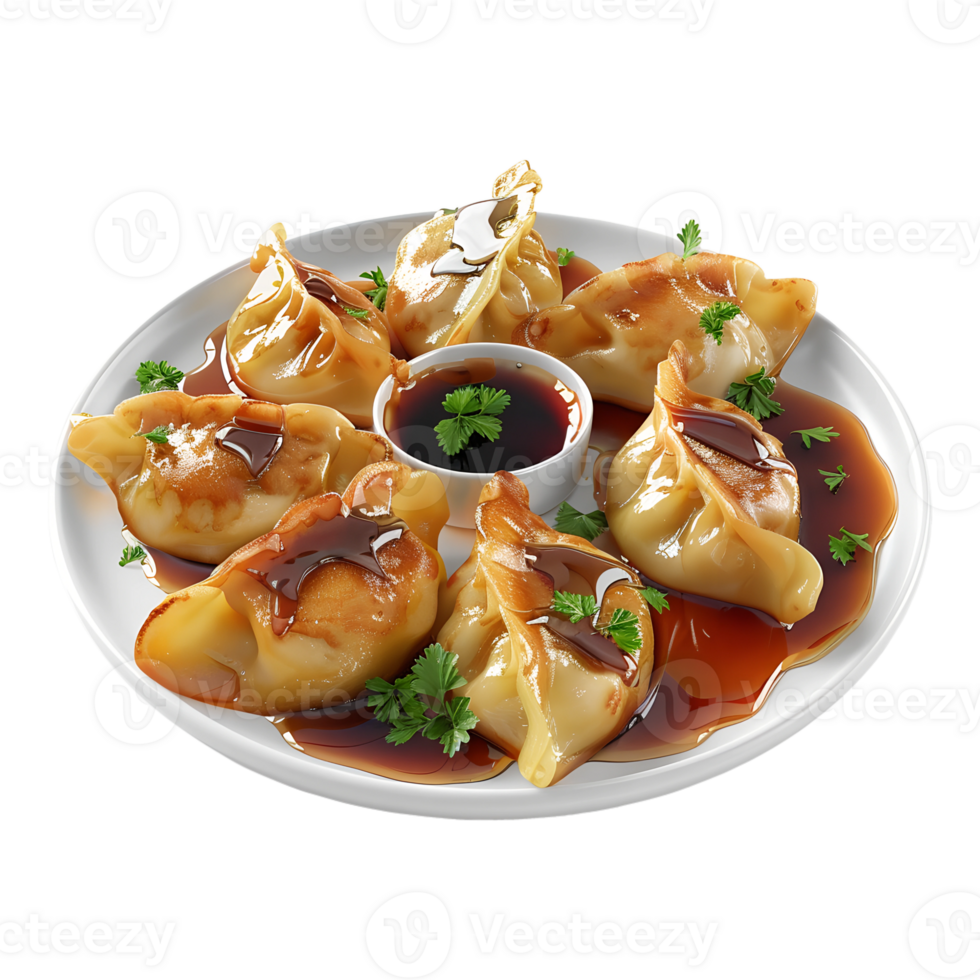 A plate of dumplings with sauce and garnish png