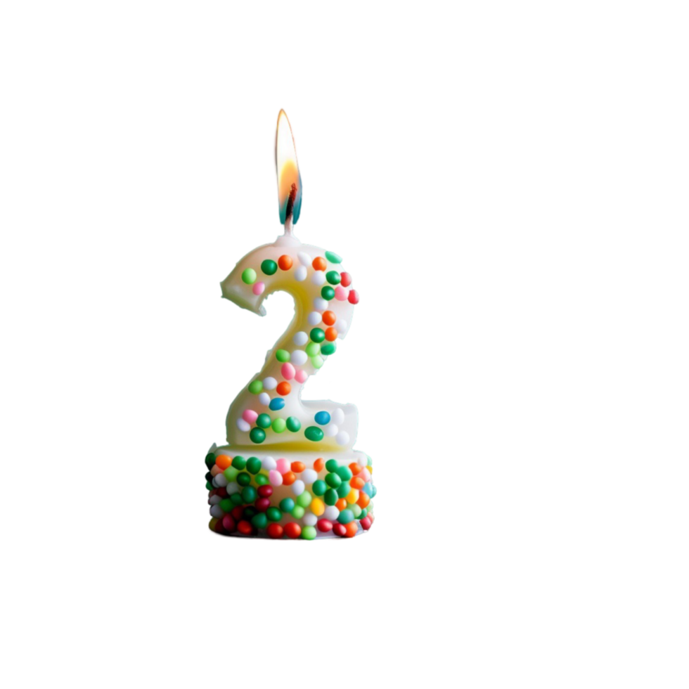 Lit Birthday Candle Number 2 on Transparent Background png
