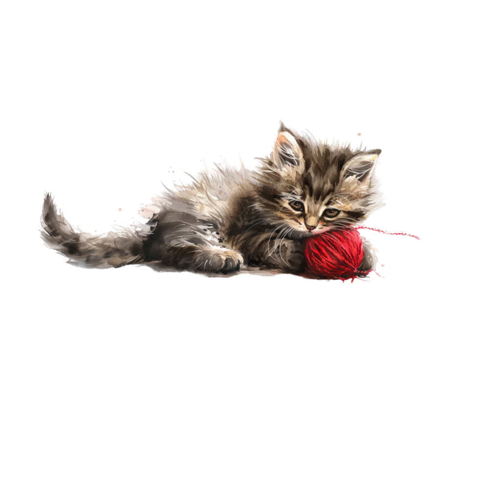Kitten and Red Yarn Ball on Transparent Background png