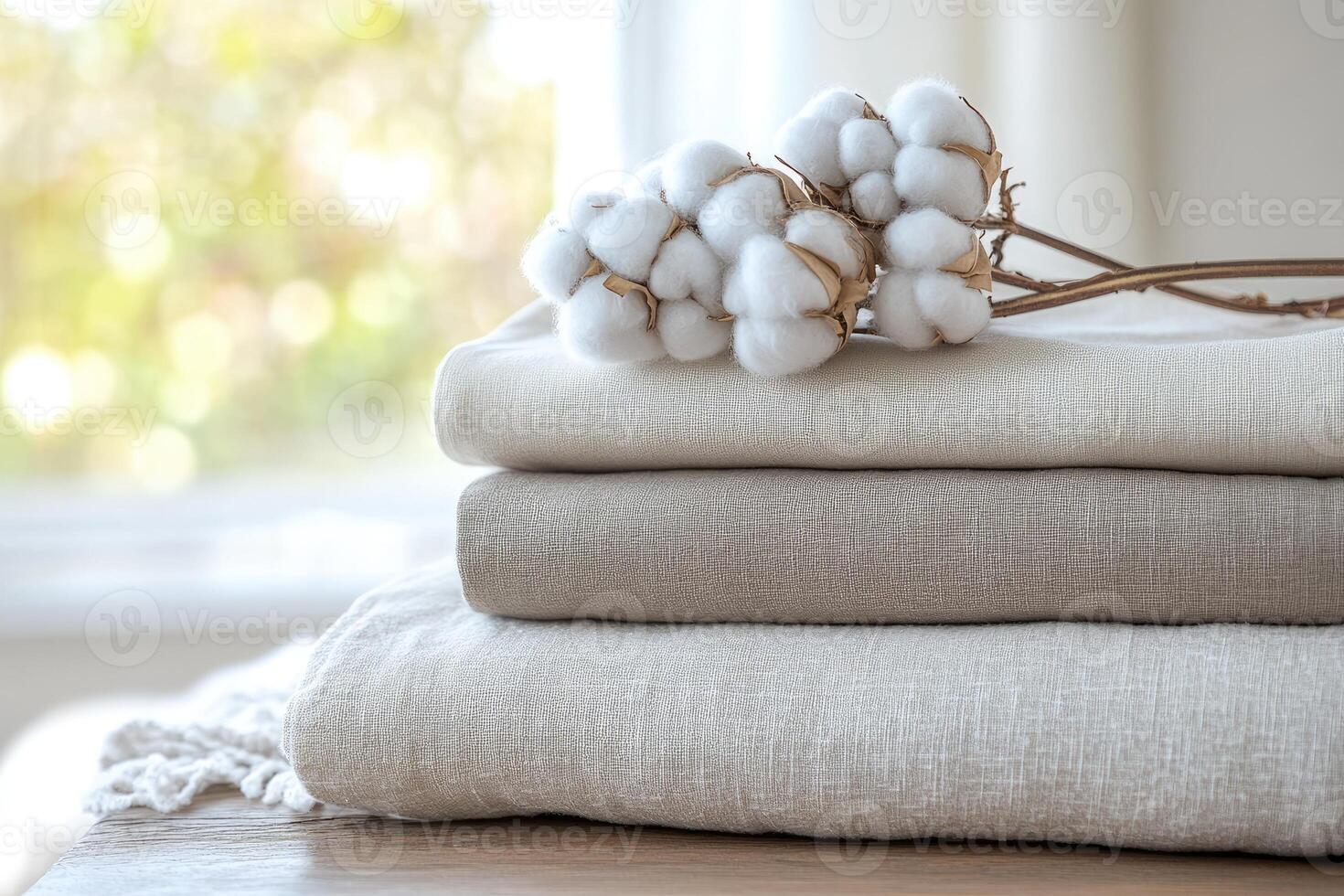 Stack of neutral colored linen fabrics with cotton flowers on top photo