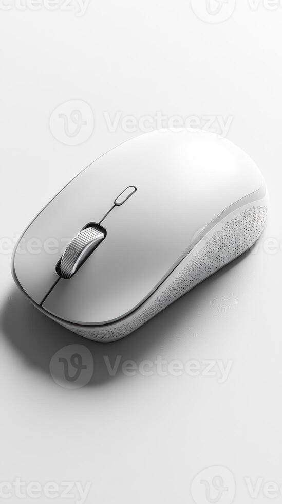 Modern wireless mouse resting on white background. photo