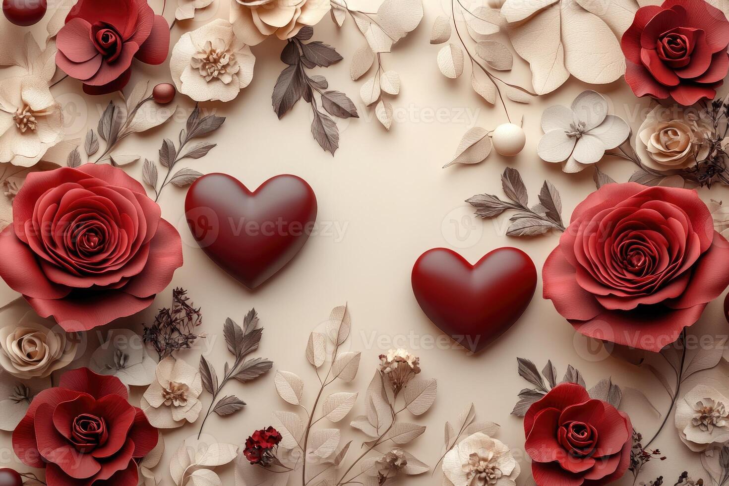Two red hearts and flowers creating valentine's day frame photo
