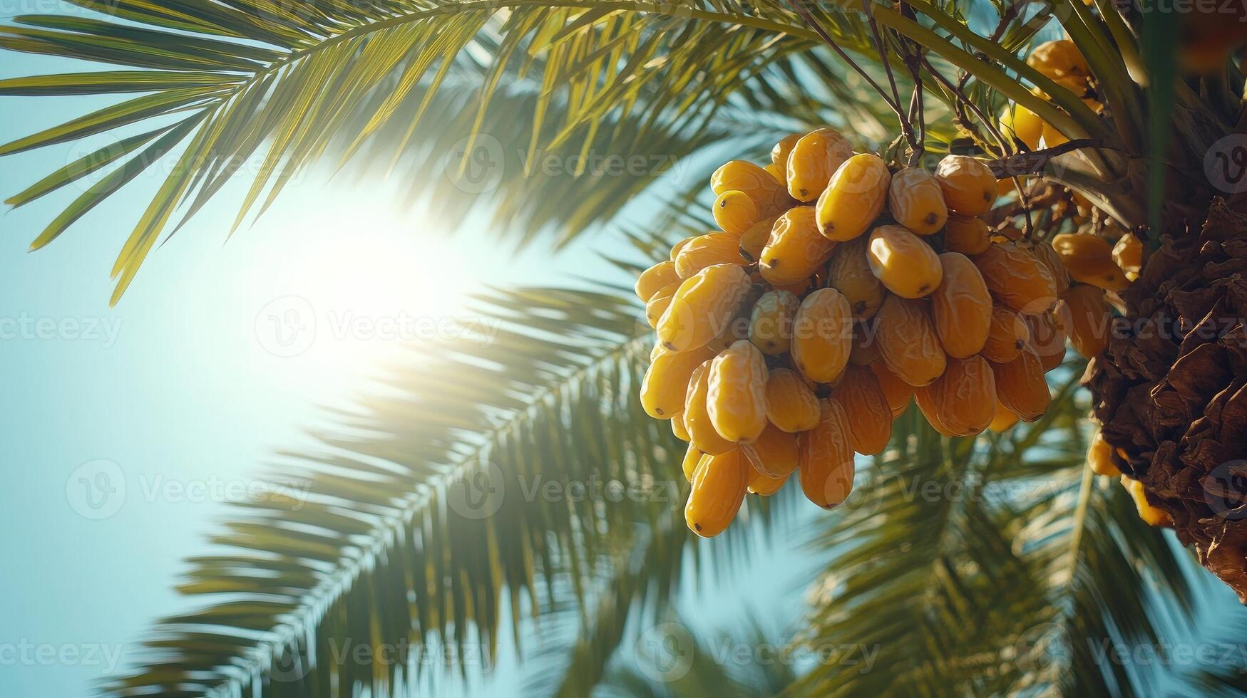 Bunch of yellow dates hanging from palm tree in sunlight photo