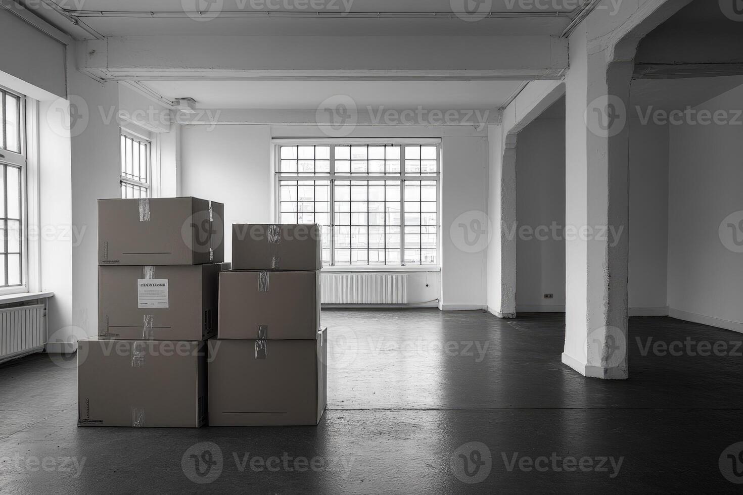 Cardboard boxes stacked in empty office building during relocation photo