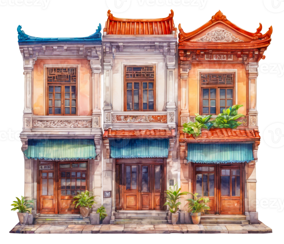 watercolor illustration of a chinese style building png