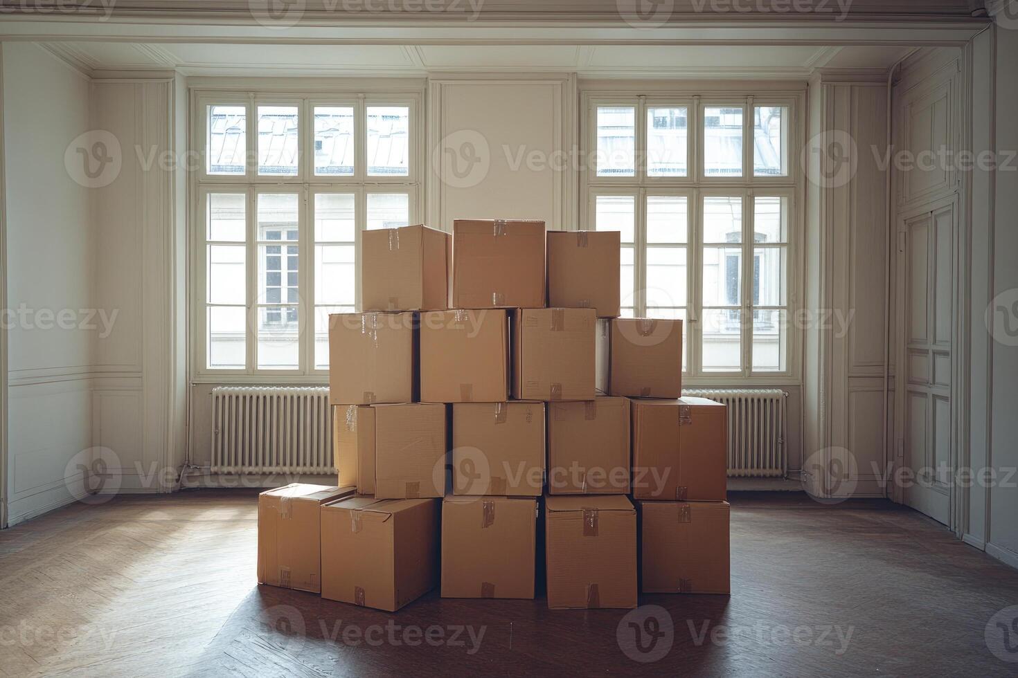 Moving boxes inside a new apartment with sunlight illuminating the hardwood floor photo