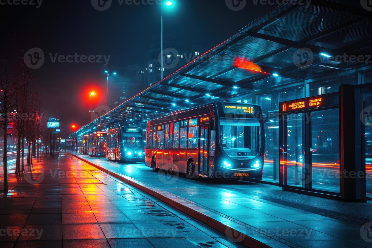 Modern buses waiting at illuminated bus stop at night photo