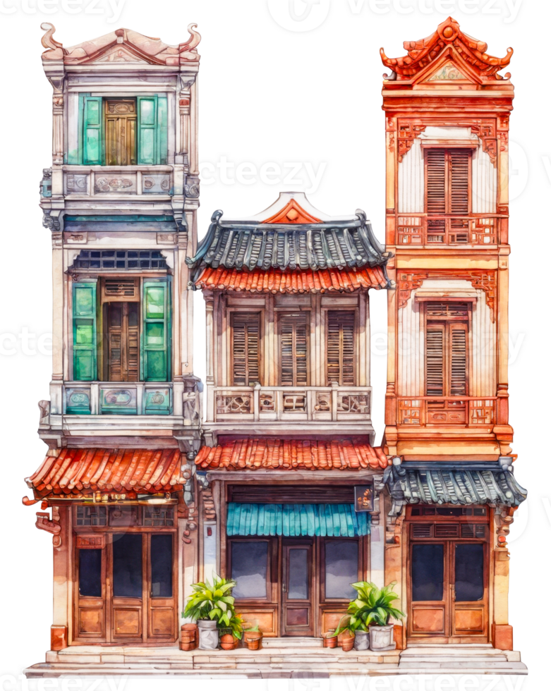 Watercolor Illustration of Asian Shop Houses png