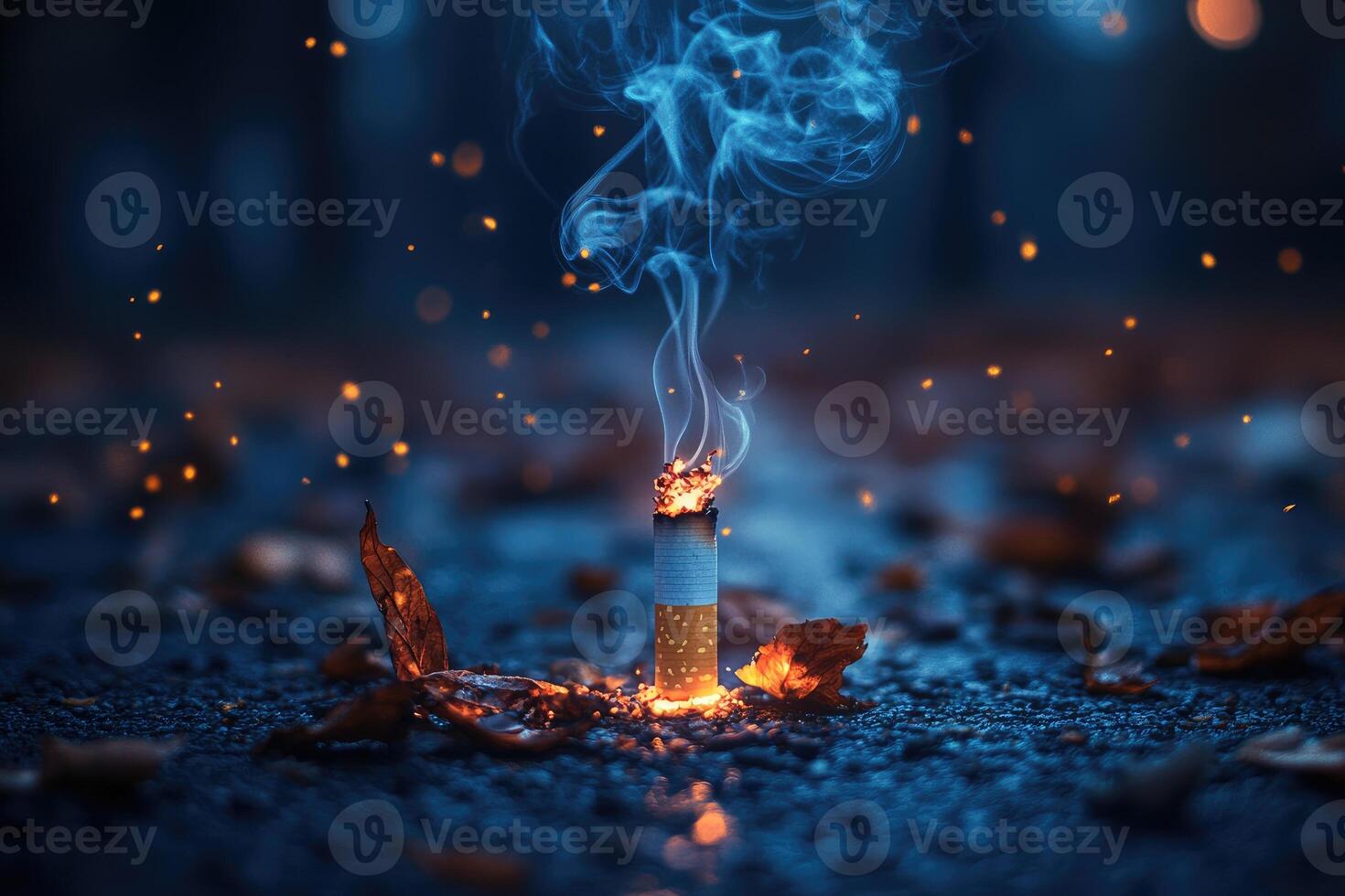 Burning cigarette butt on asphalt with smoke rising photo