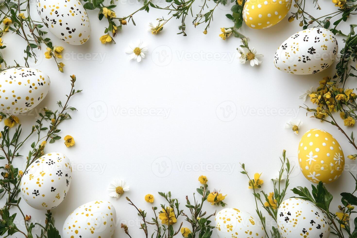 Easter eggs and yellow flowers creating a frame photo