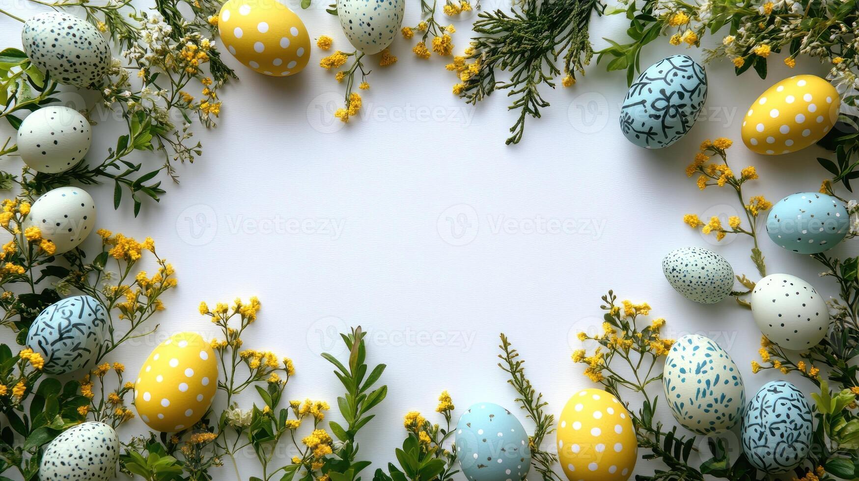 Easter eggs and pine branches forming a frame on white background. photo
