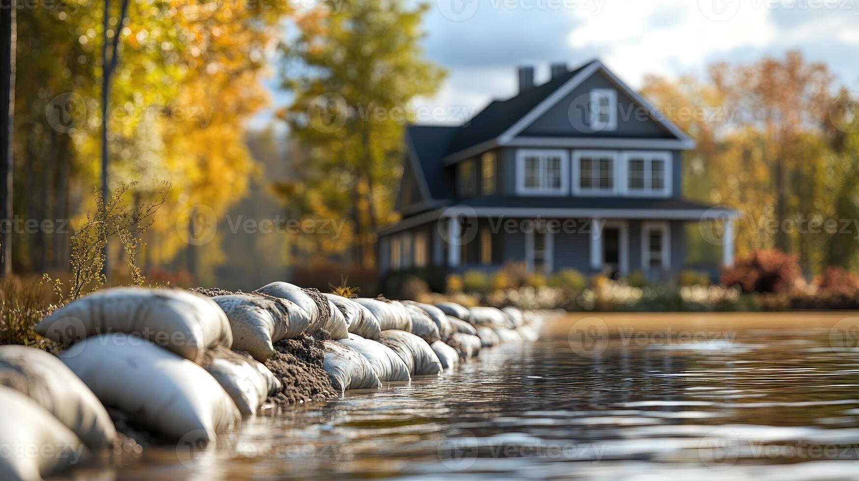 Sandbags protecting house from rising floodwaters photo