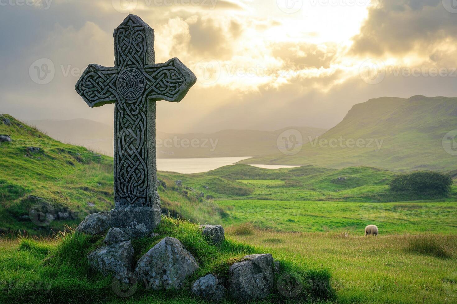 Celtic cross overlooking serene green landscape photo