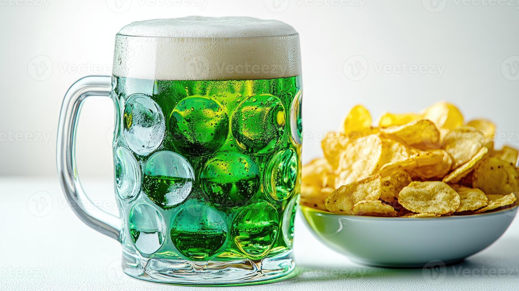 Green beer and potato chips celebrating saint patrick's day festivities.. photo