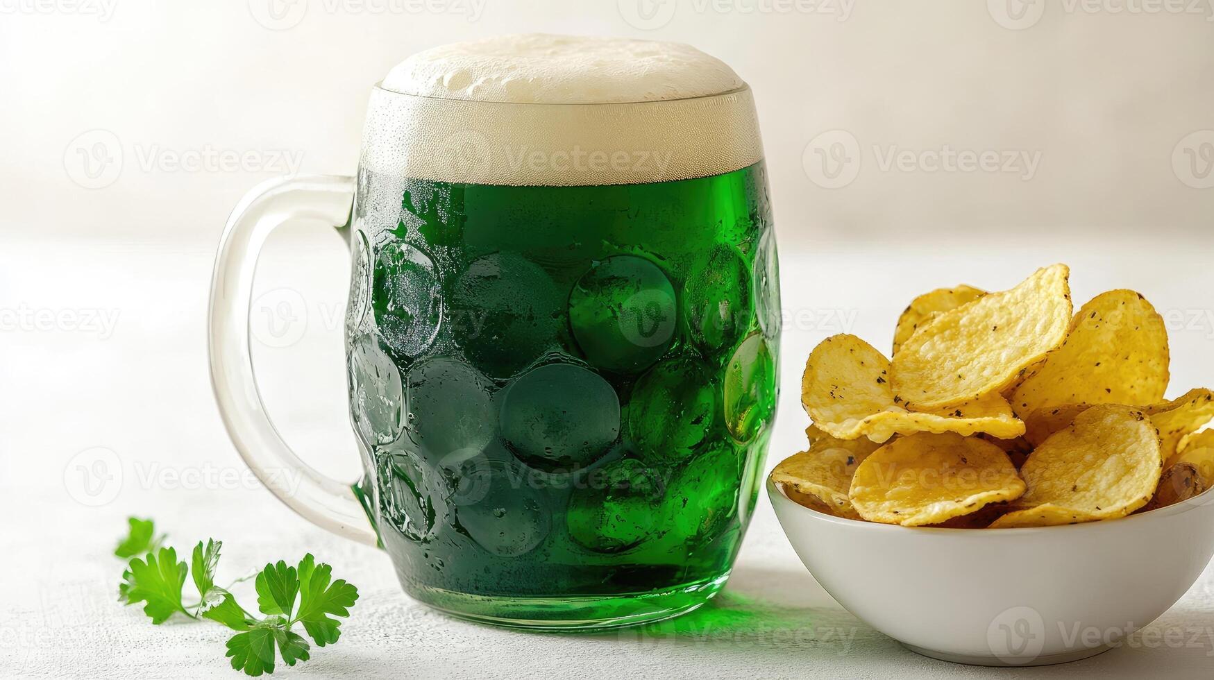 Green beer and potato chips celebrating saint patrick's day photo