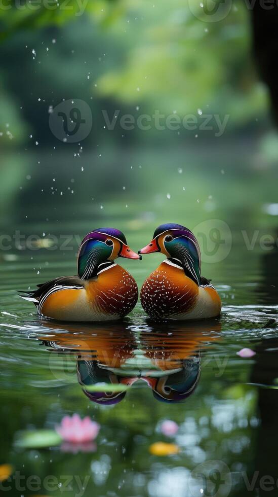 Vibrant mandarin ducks engaging in a serene encounter photo