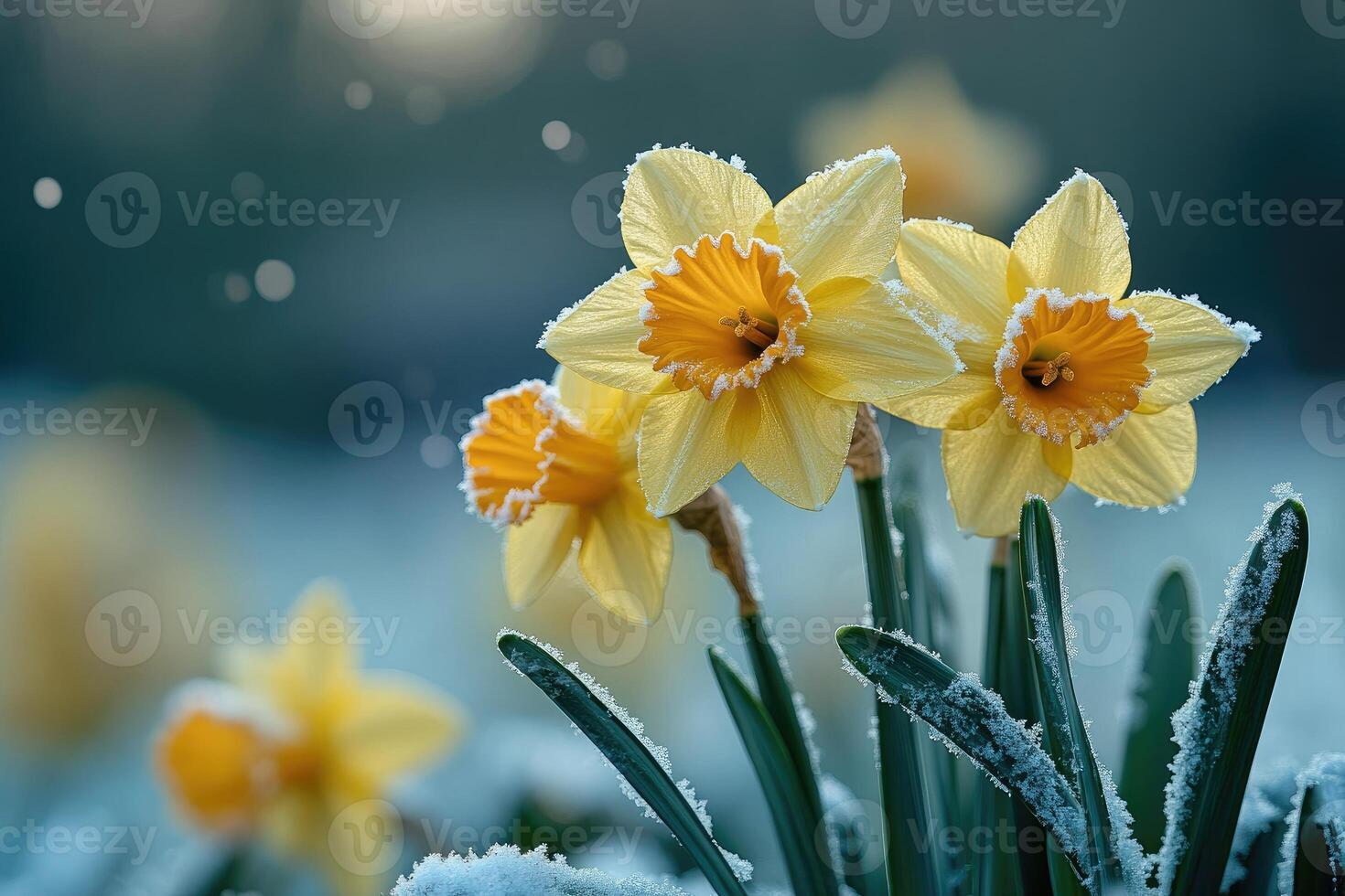 Daffodils blooming in the snow, a touch of spring. photo