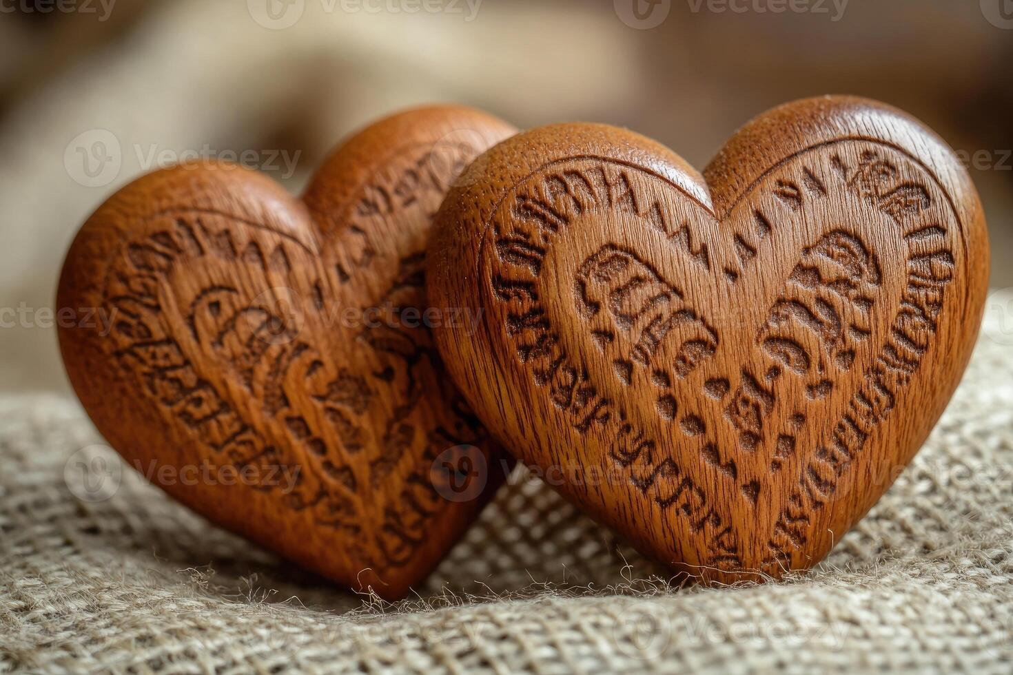 Two wooden hearts showing runes resting on burlap surface photo