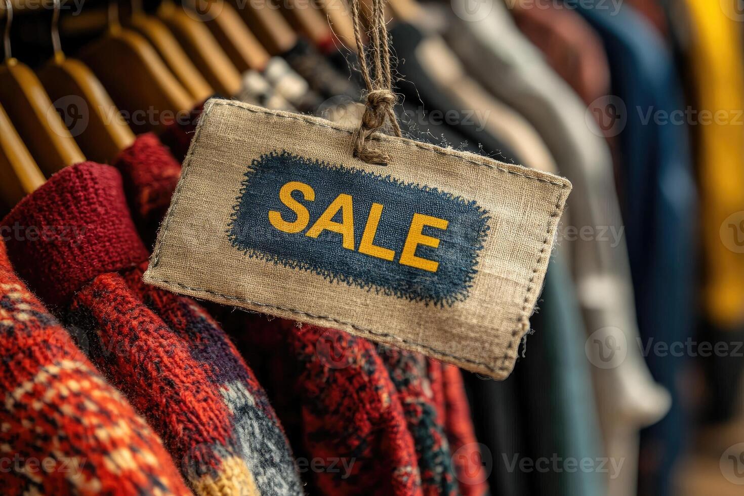 Colorful clothing display with prominent sale sign photo