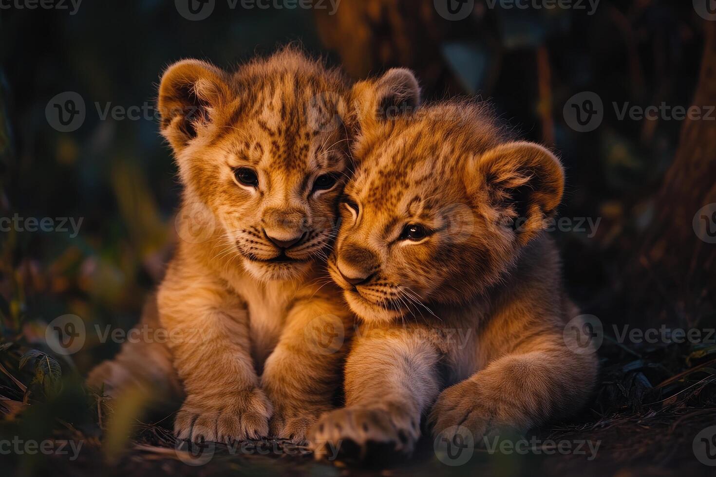 Adorable lion cubs cuddling in natural habitat photo