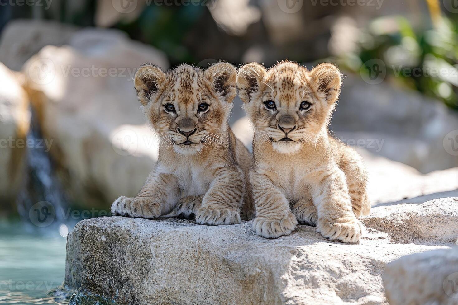 Adorable lion cubs resting on sunlit rock photo