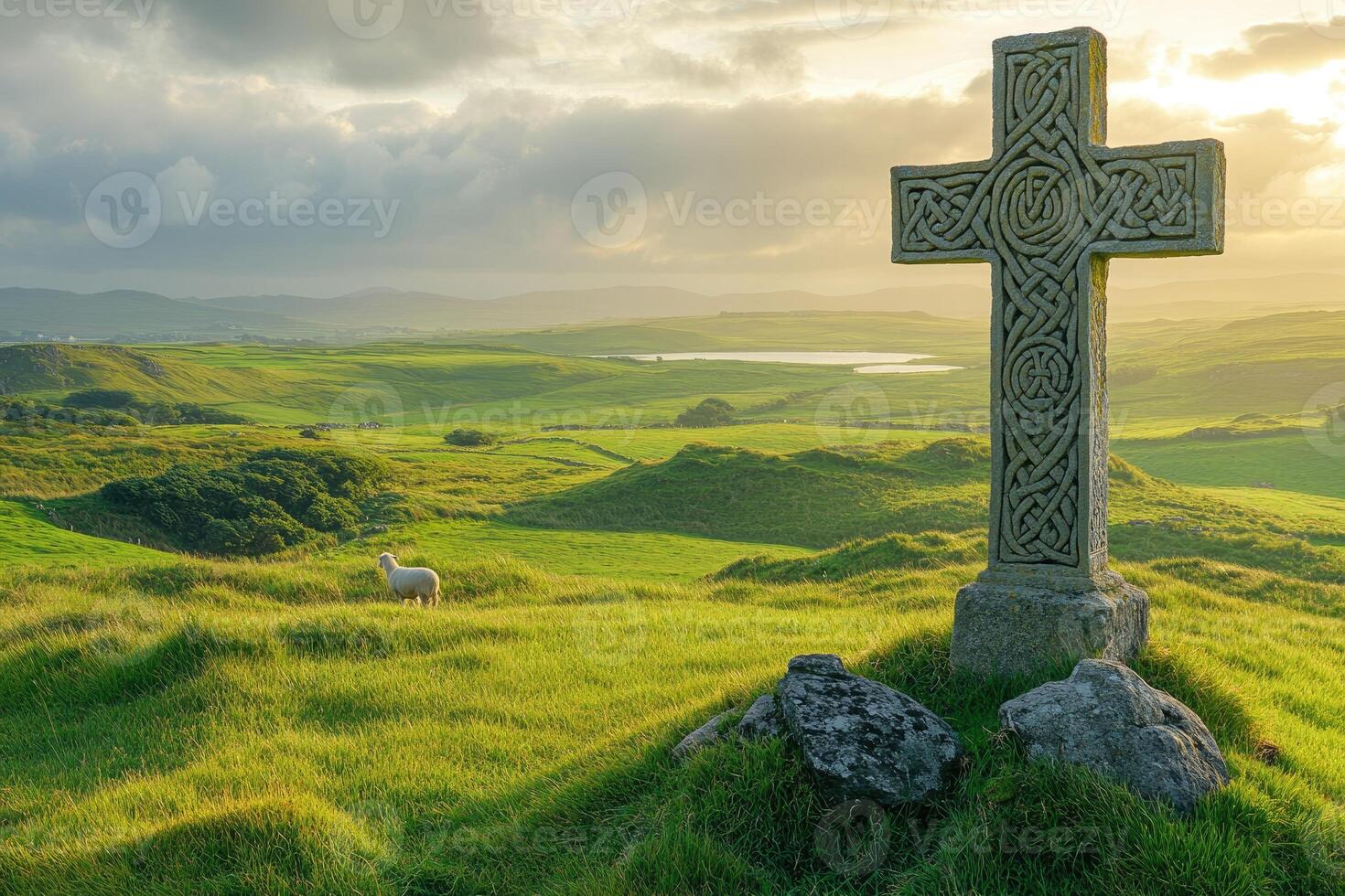 Celtic cross overlooking serene green landscape. photo