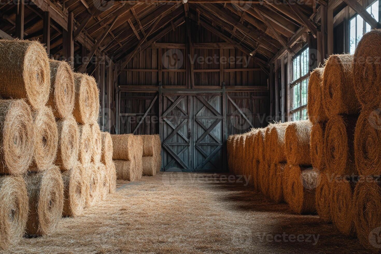 Rustic barn interior storing hay bales neatly photo