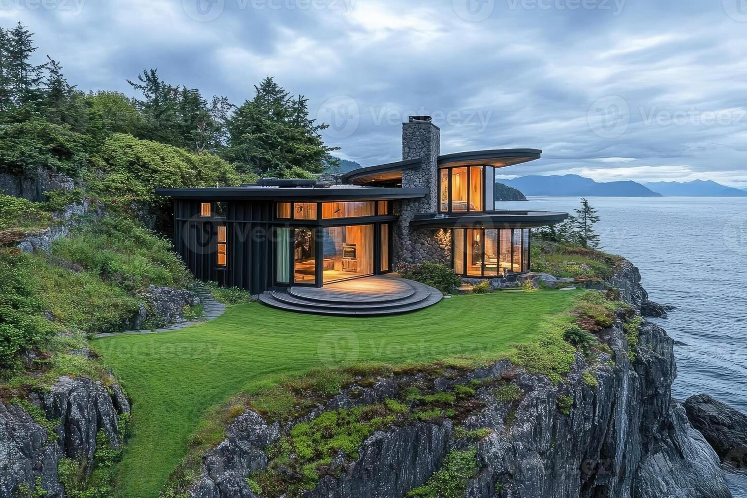 Modern luxury cliffside house overlooking tranquil ocean at dusk photo