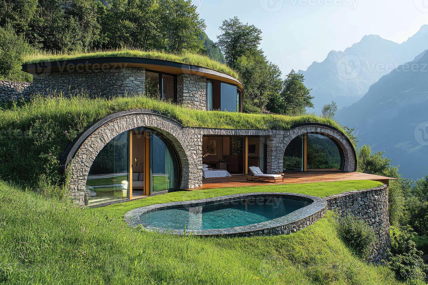 Modern sustainable house blending with nature in the italian alps.. photo