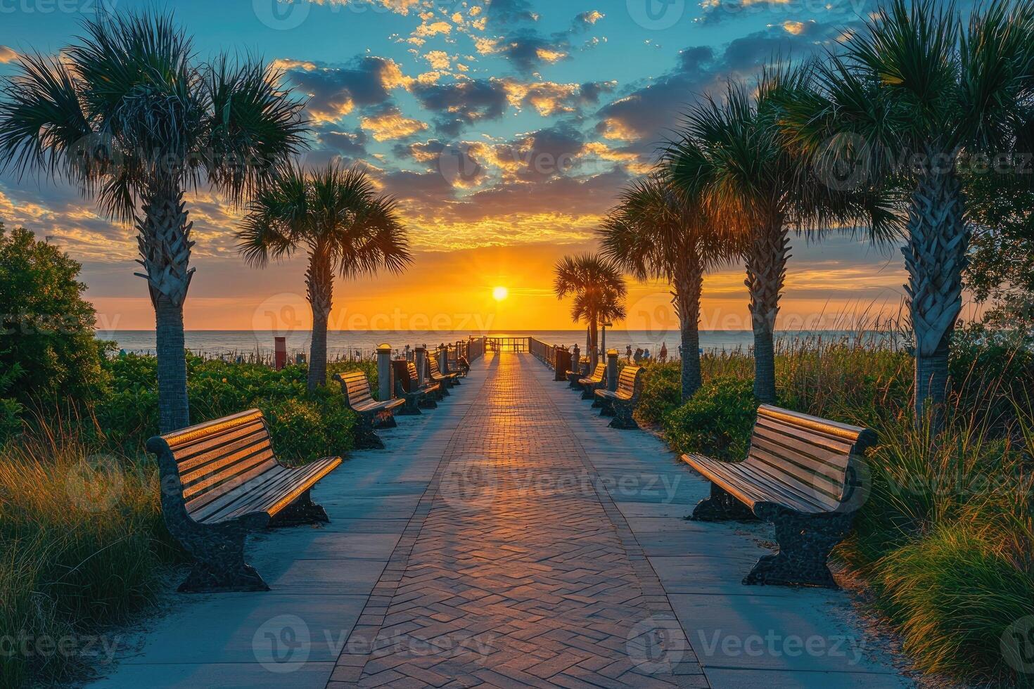 Stunning golden sunset illuminating beach path with palm trees and benches photo