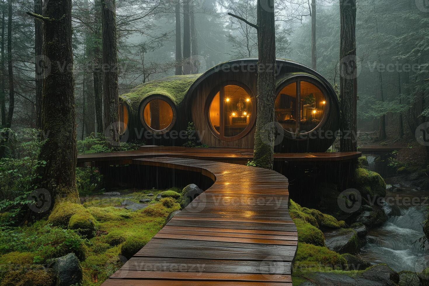 Wooden path leading to cozy cabin in the rainforest during a misty morning. photo