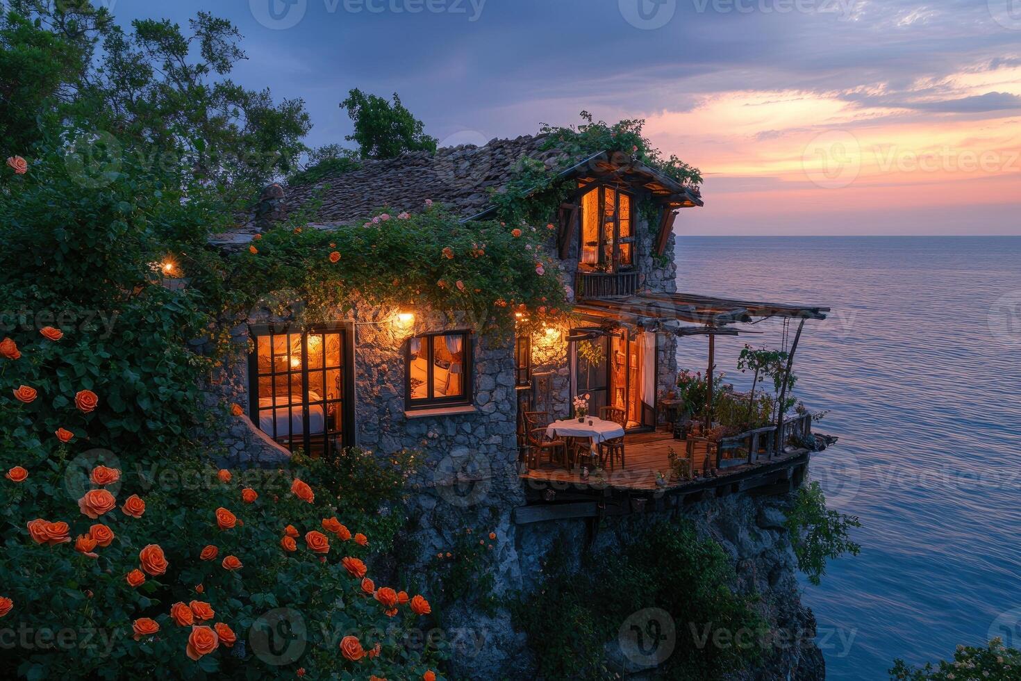 Cozy stone house perched on a cliff overlooking the sea at sunset with orange roses in bloom photo