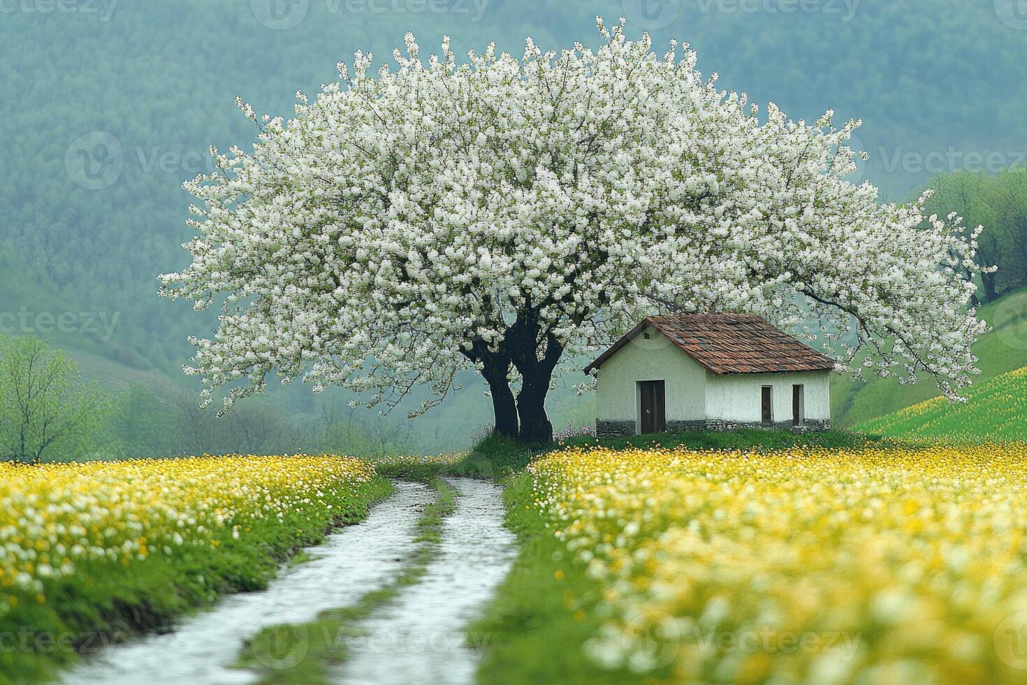 Blooming cherry tree near small house in spring field photo
