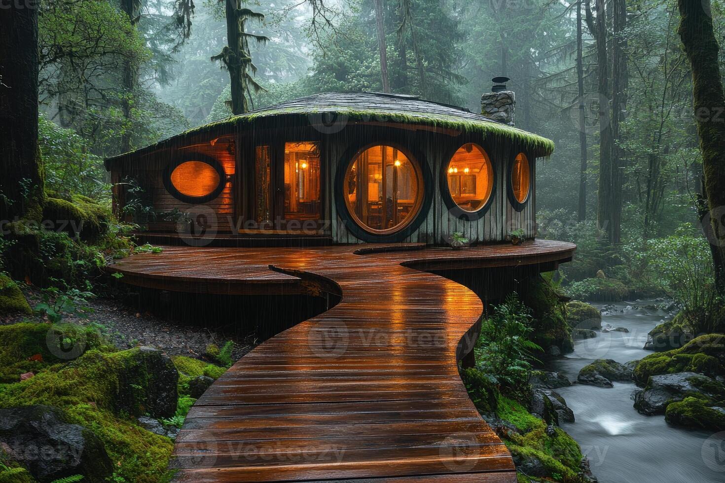 Cozy wooden cabin with circular windows illuminating the foggy forest.. photo