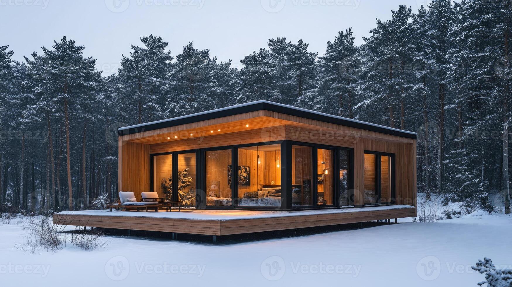 Modern wooden cabin nestled in a snowy pine forest during winter evening photo