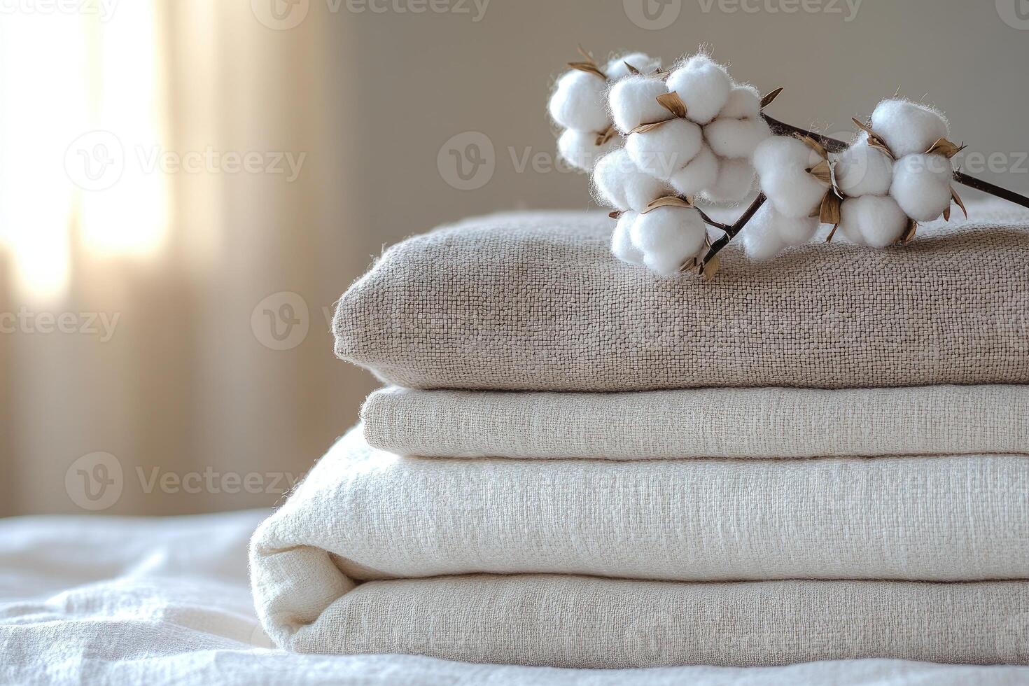 Stack of neutral colored linen fabrics with cotton flowers on top. photo