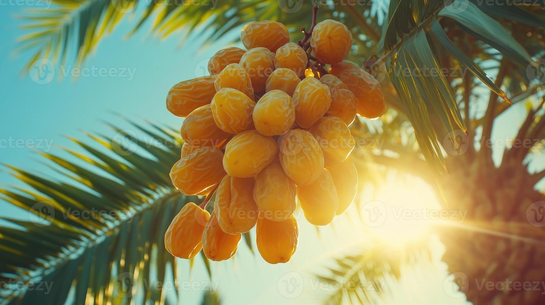 Bunch of yellow dates hanging from palm tree in sunlight. photo