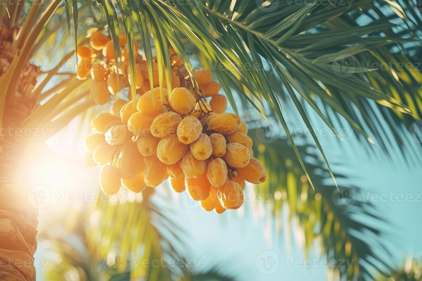 Bunch of fresh dates growing on date palm tree under sunlight. photo