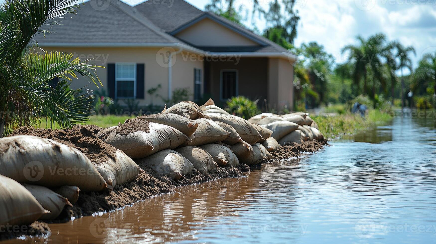 Sandbags protecting home from rising floodwaters photo