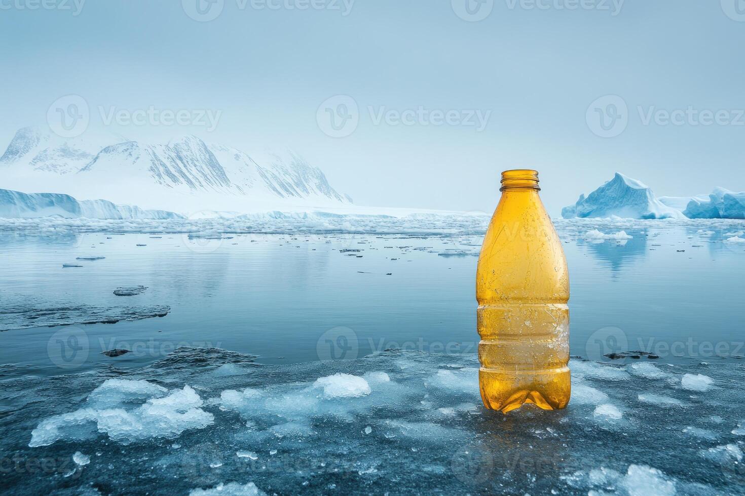 Plastic bottle polluting pristine arctic landscape with icebergs and mountains photo