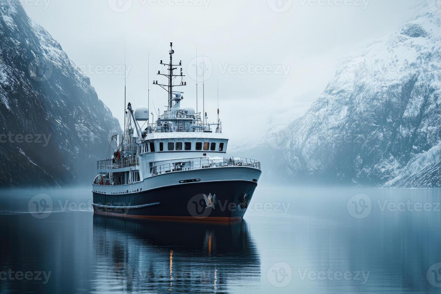 Expedition yacht sailing in norwegian fjord with snowy mountains in background photo