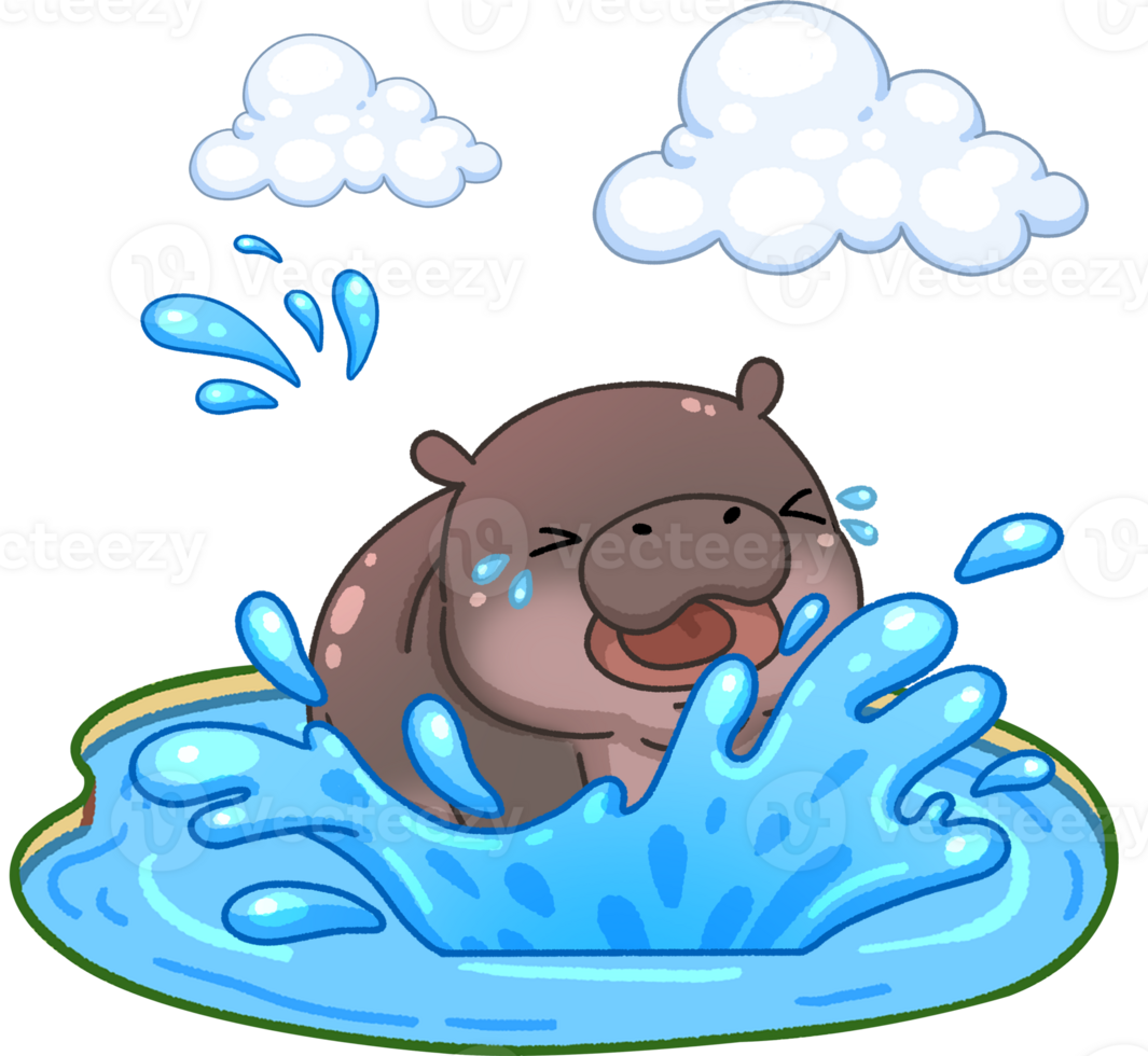 Cute Pygmy Hippo in pond cartoon digital painting png