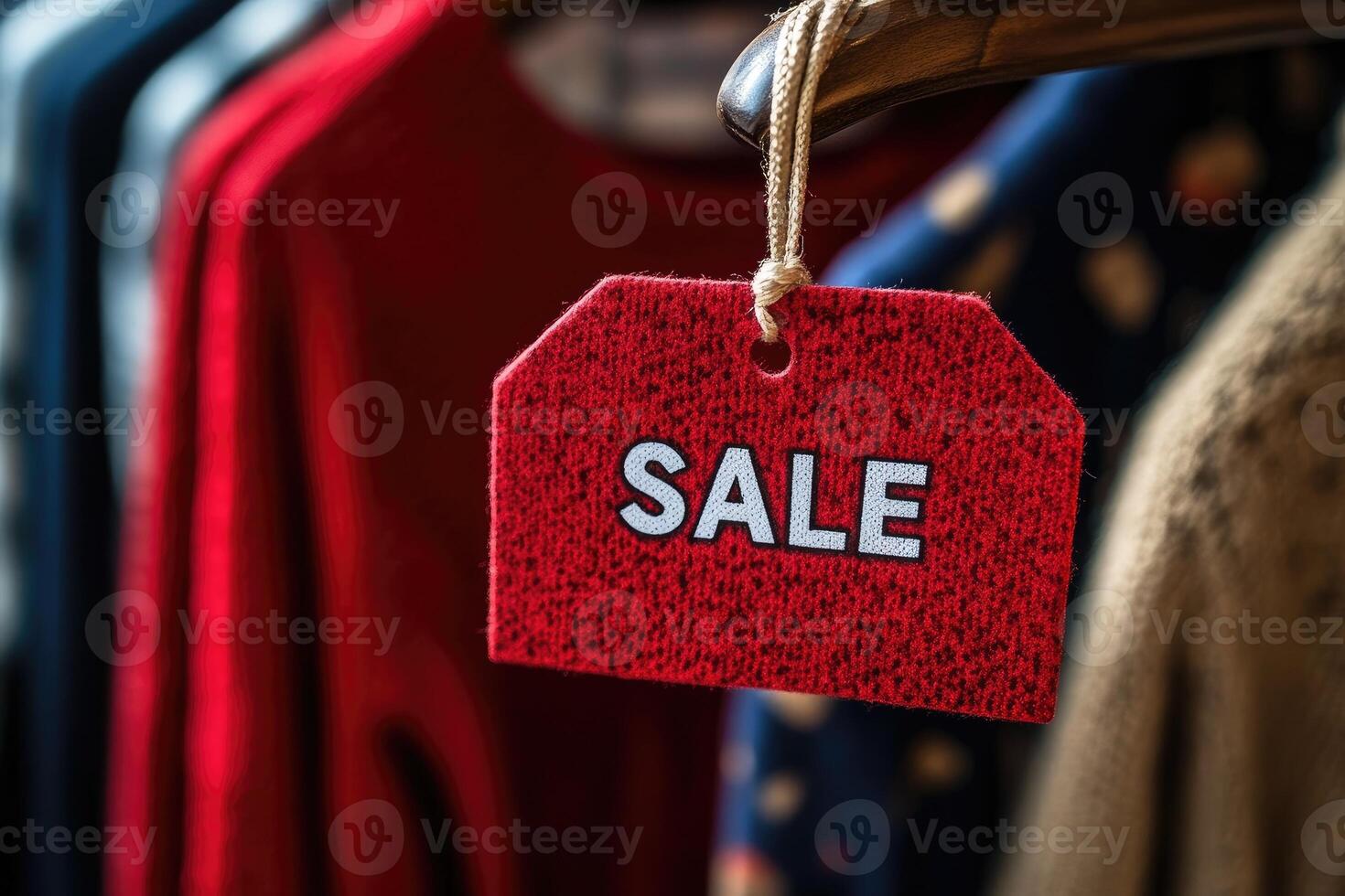 Red sale tag hanging in clothing store display photo