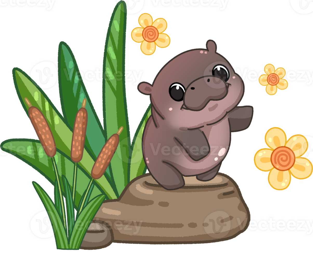 Cute Pygmy Hippo cartoon in garden digital painting png